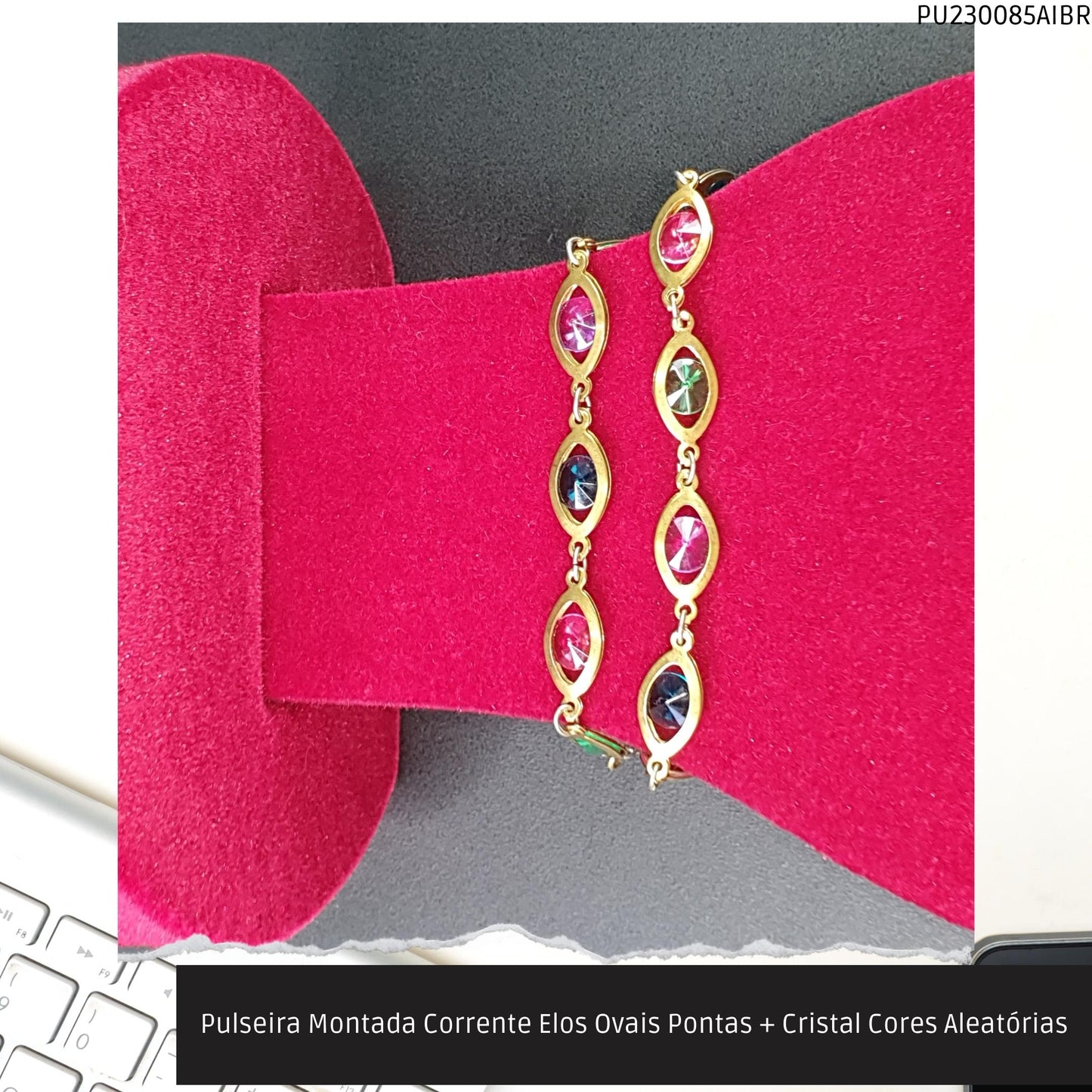 Pulseira Montada Corrente Elos Ovais Pontas + Cristal Cores Aleatórias  - Código.: PU230085AIBR  - Peso.: 8.2 gr