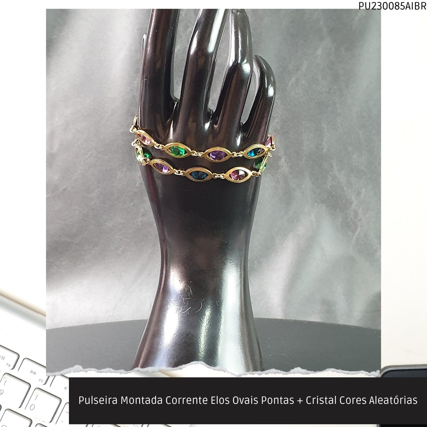 Pulseira Montada Corrente Elos Ovais Pontas + Cristal Cores Aleatórias  - Código.: PU230085AIBR  - Peso.: 8.2 gr