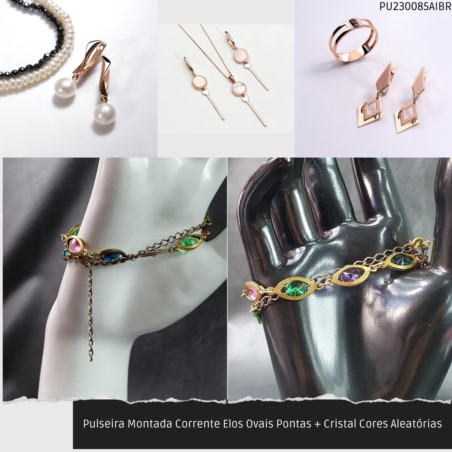 Pulseira Montada Corrente Elos Ovais Pontas + Cristal Cores Aleatórias  - Código.: PU230085AIBR  - Peso.: 8.2 gr