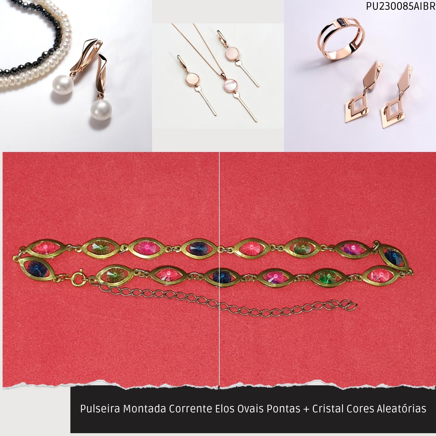 Pulseira Montada Corrente Elos Ovais Pontas + Cristal Cores Aleatórias  - Código.: PU230085AIBR  - Peso.: 8.2 gr