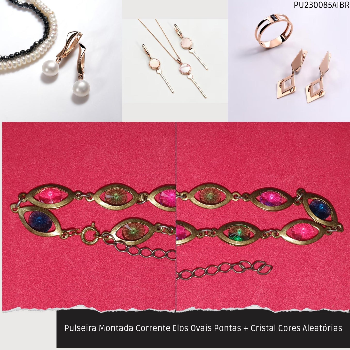 Pulseira Montada Corrente Elos Ovais Pontas + Cristal Cores Aleatórias  - Código.: PU230085AIBR  - Peso.: 8.2 gr