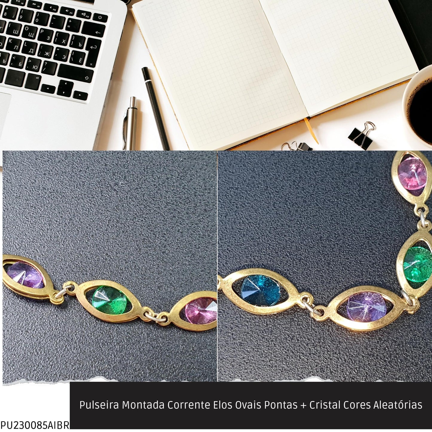 Pulseira Montada Corrente Elos Ovais Pontas + Cristal Cores Aleatórias  - Código.: PU230085AIBR  - Peso.: 8.2 gr