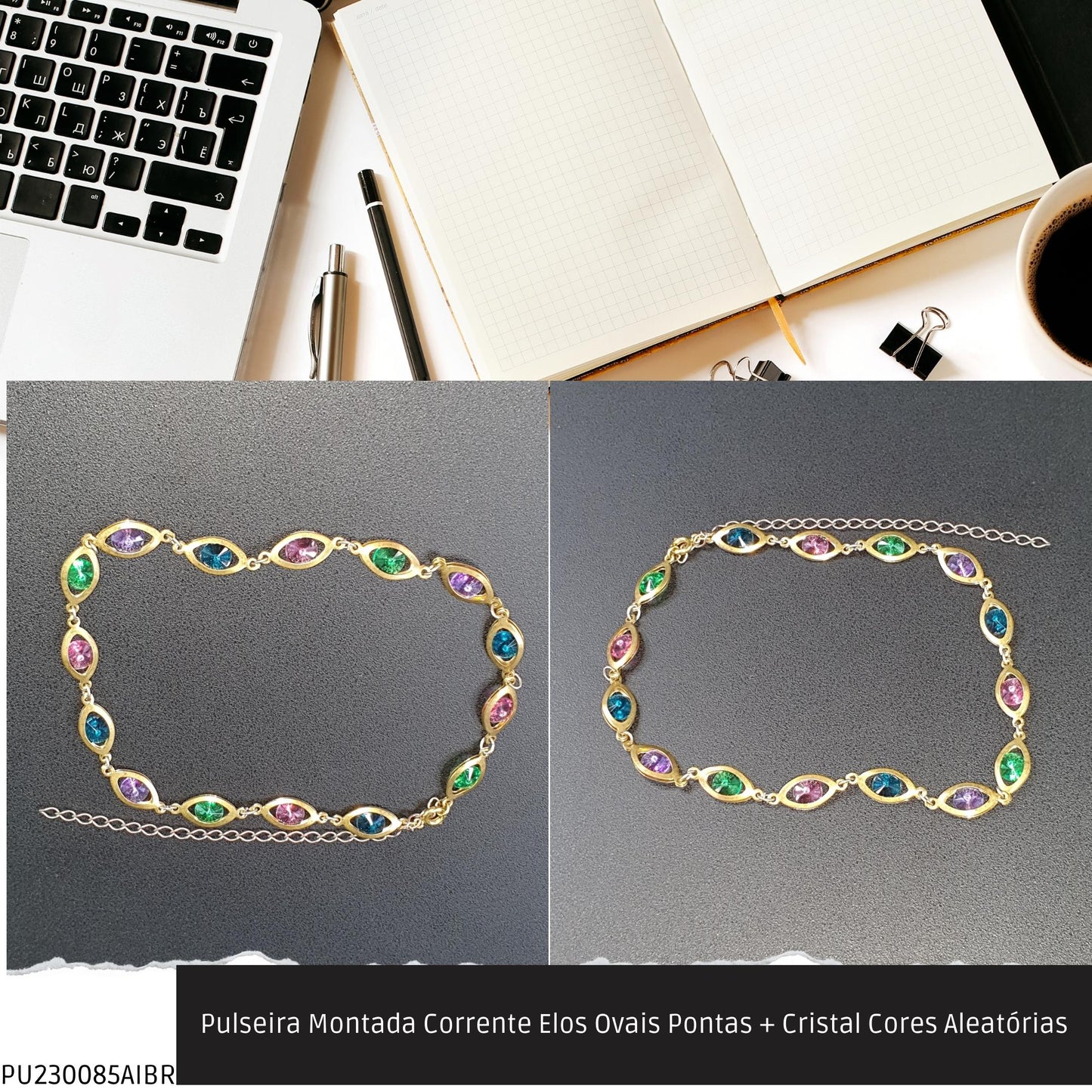 Pulseira Montada Corrente Elos Ovais Pontas + Cristal Cores Aleatórias  - Código.: PU230085AIBR  - Peso.: 8.2 gr