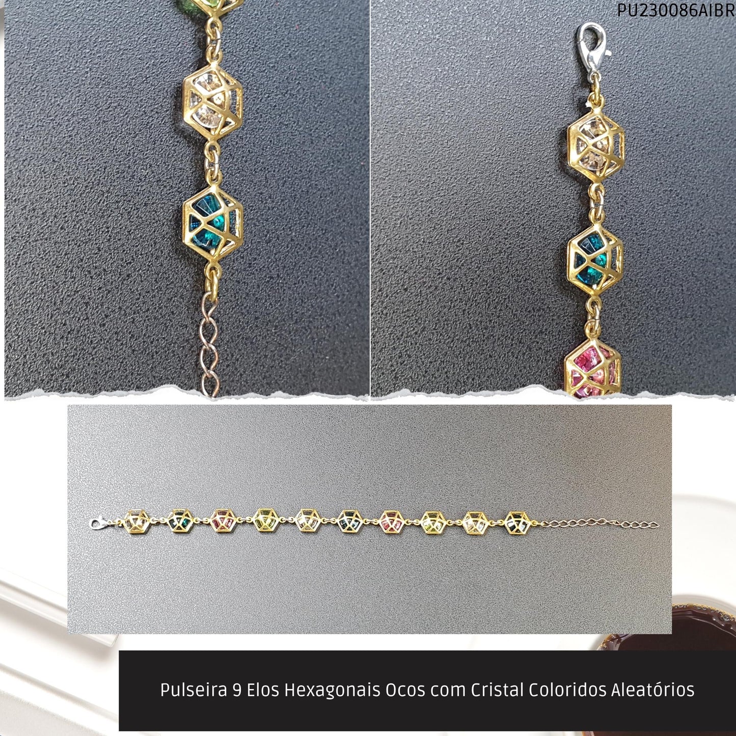 Pulseira 9 Elos Hexagonais Ocos com Cristal Coloridos Aleatórios  - Código.: PU230086AIBR  - Peso.: 5.7 gr