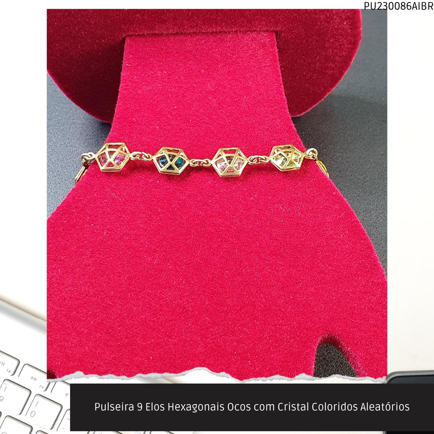 Pulseira 9 Elos Hexagonais Ocos com Cristal Coloridos Aleatórios  - Código.: PU230086AIBR  - Peso.: 5.7 gr