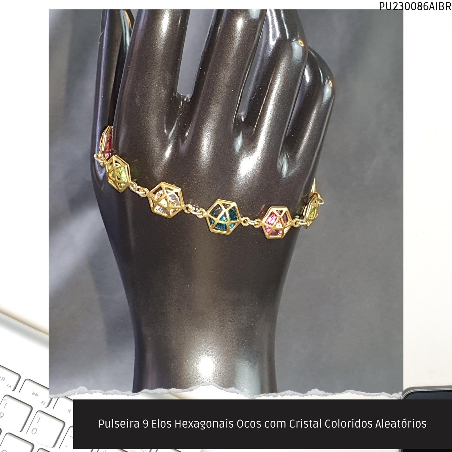 Pulseira 9 Elos Hexagonais Ocos com Cristal Coloridos Aleatórios  - Código.: PU230086AIBR  - Peso.: 5.7 gr