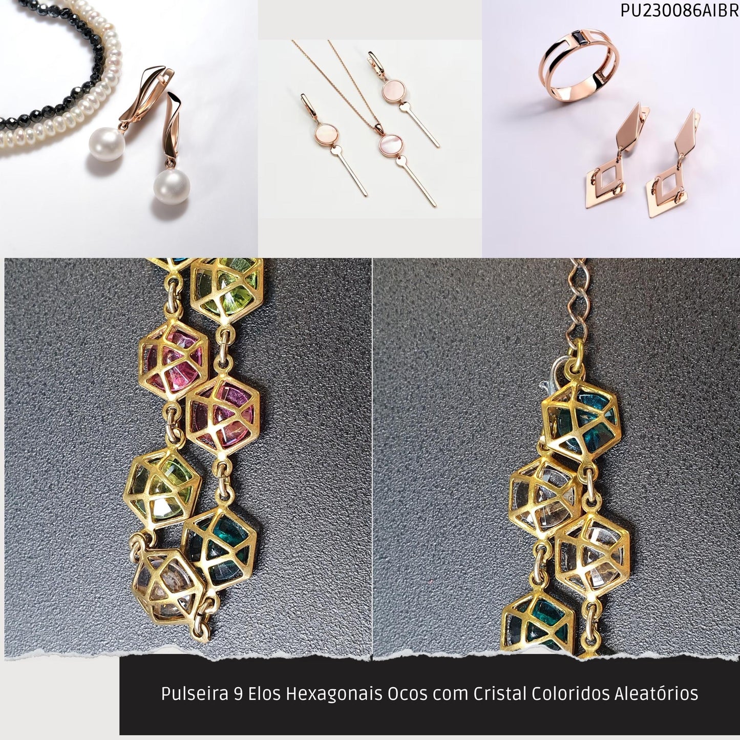 Pulseira 9 Elos Hexagonais Ocos com Cristal Coloridos Aleatórios  - Código.: PU230086AIBR  - Peso.: 5.7 gr