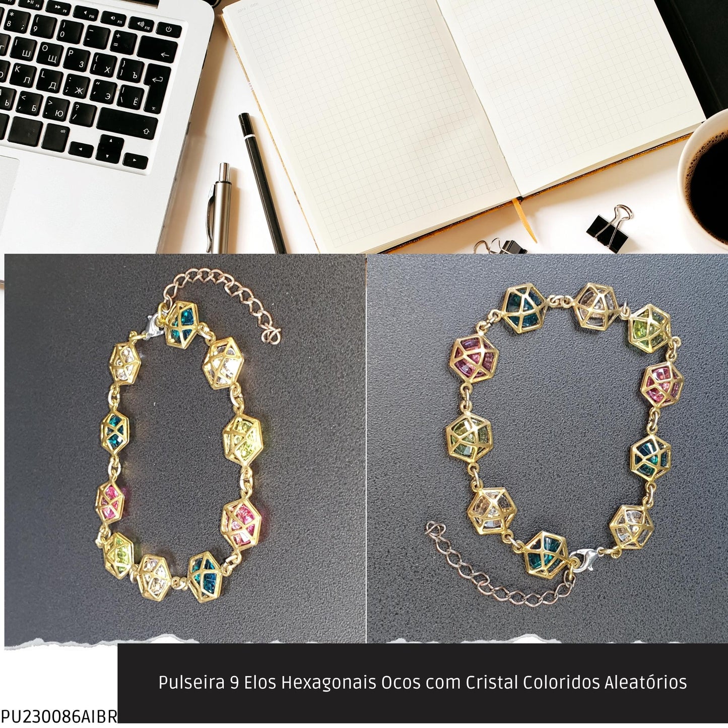 Pulseira 9 Elos Hexagonais Ocos com Cristal Coloridos Aleatórios  - Código.: PU230086AIBR  - Peso.: 5.7 gr