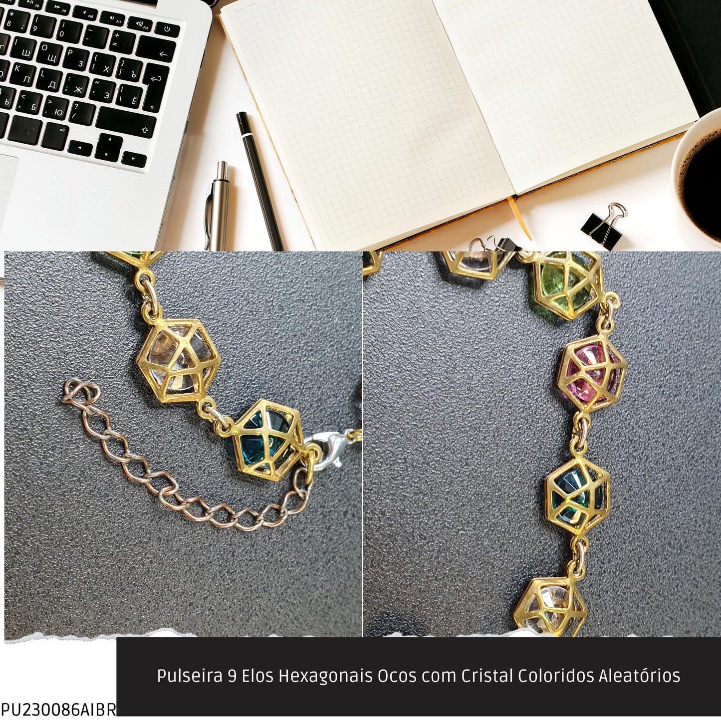 Pulseira 9 Elos Hexagonais Ocos com Cristal Coloridos Aleatórios  - Código.: PU230086AIBR  - Peso.: 5.7 gr