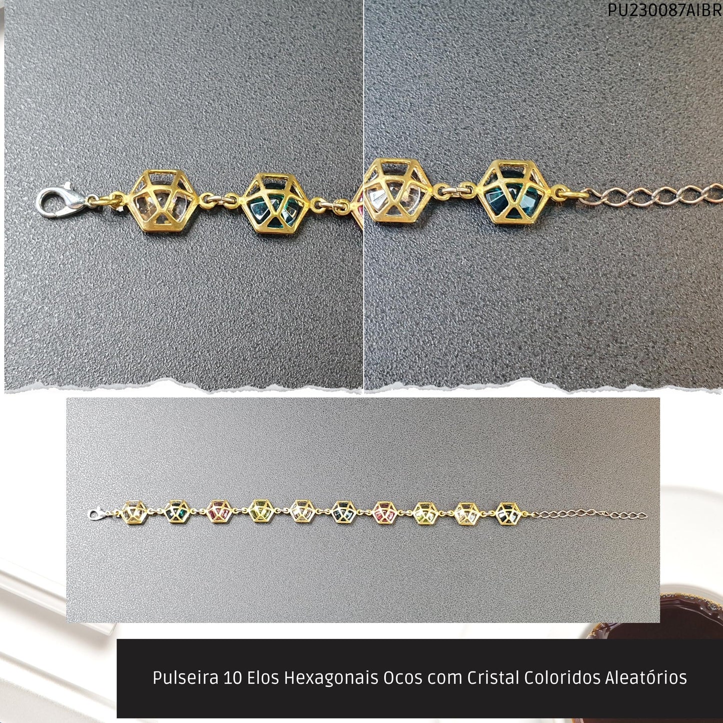 Pulseira 10 Elos Hexagonais Ocos com Cristal Coloridos Aleatórios  - Código.: PU230087AIBR  - Peso.: 6.0 gr