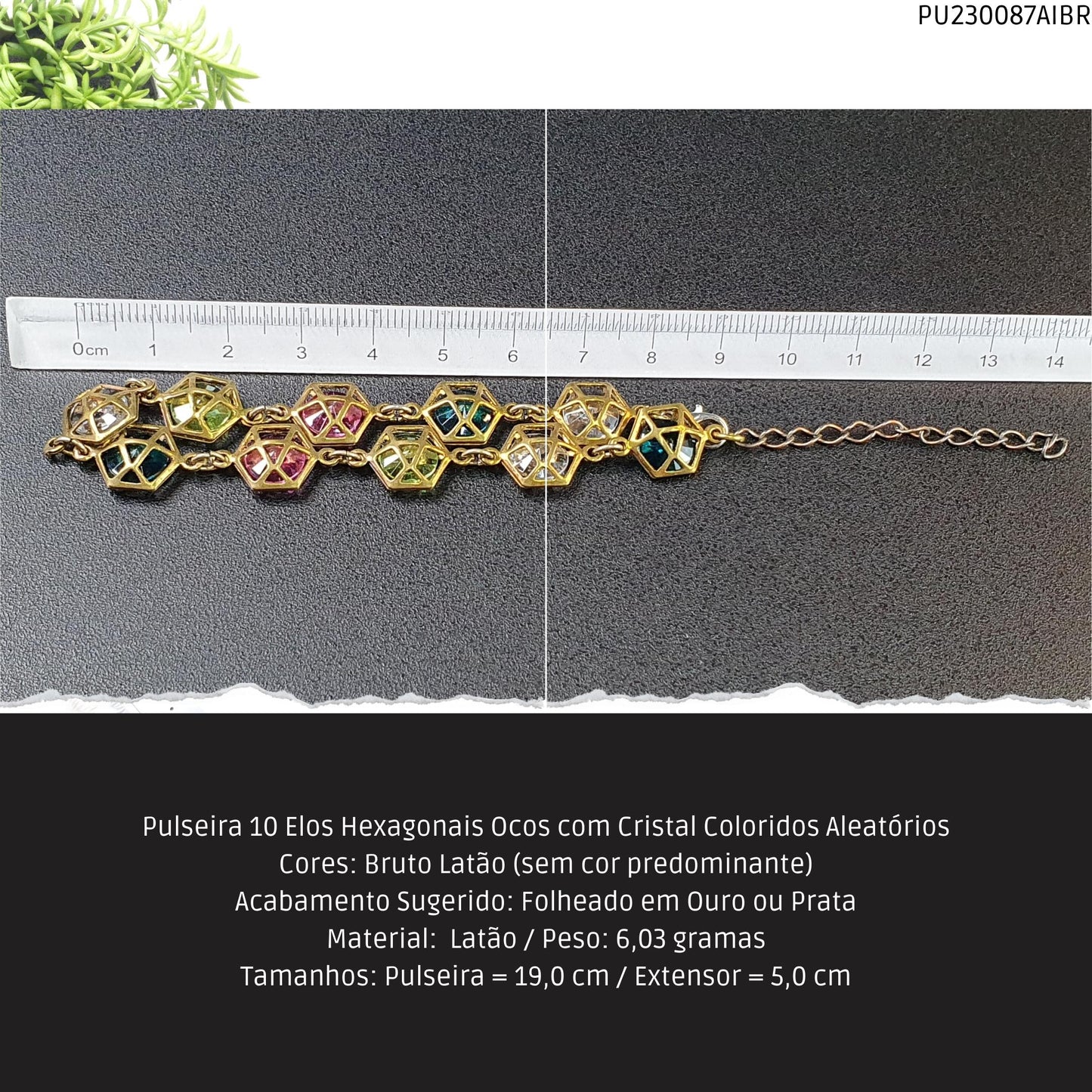 Pulseira 10 Elos Hexagonais Ocos com Cristal Coloridos Aleatórios  - Código.: PU230087AIBR  - Peso.: 6.0 gr