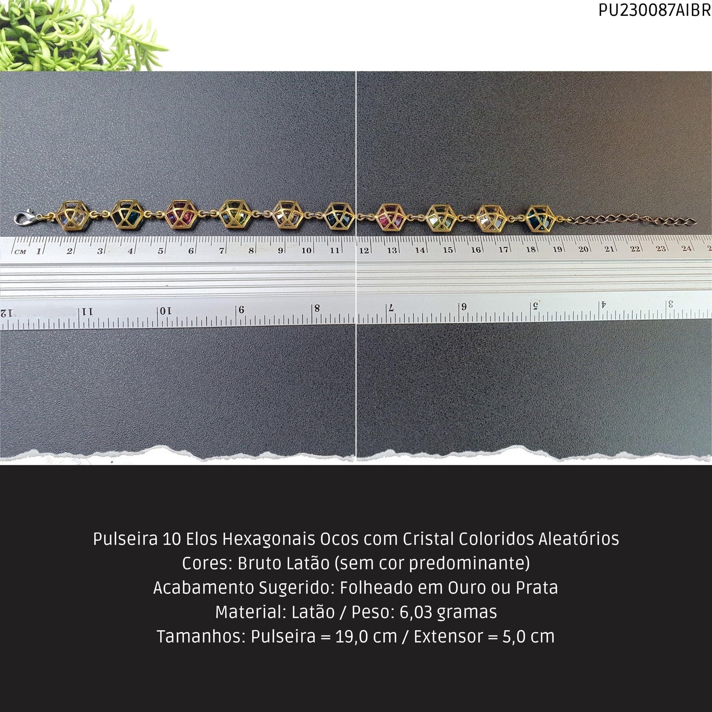 Pulseira 10 Elos Hexagonais Ocos com Cristal Coloridos Aleatórios  - Código.: PU230087AIBR  - Peso.: 6.0 gr