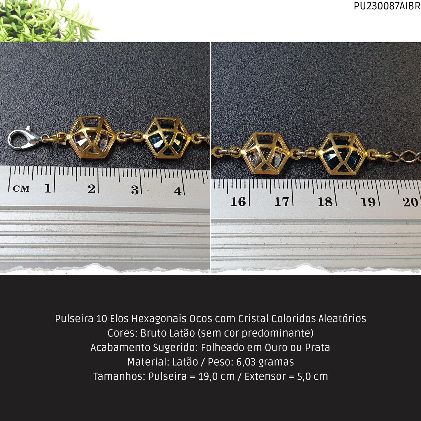 Pulseira 10 Elos Hexagonais Ocos com Cristal Coloridos Aleatórios  - Código.: PU230087AIBR  - Peso.: 6.0 gr