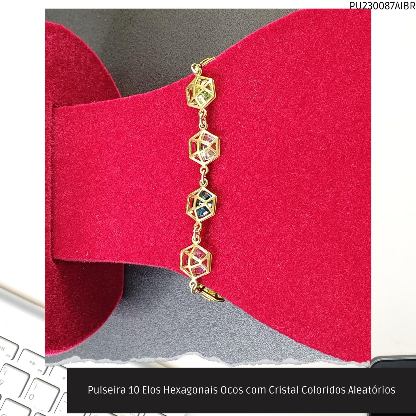 Pulseira 10 Elos Hexagonais Ocos com Cristal Coloridos Aleatórios  - Código.: PU230087AIBR  - Peso.: 6.0 gr