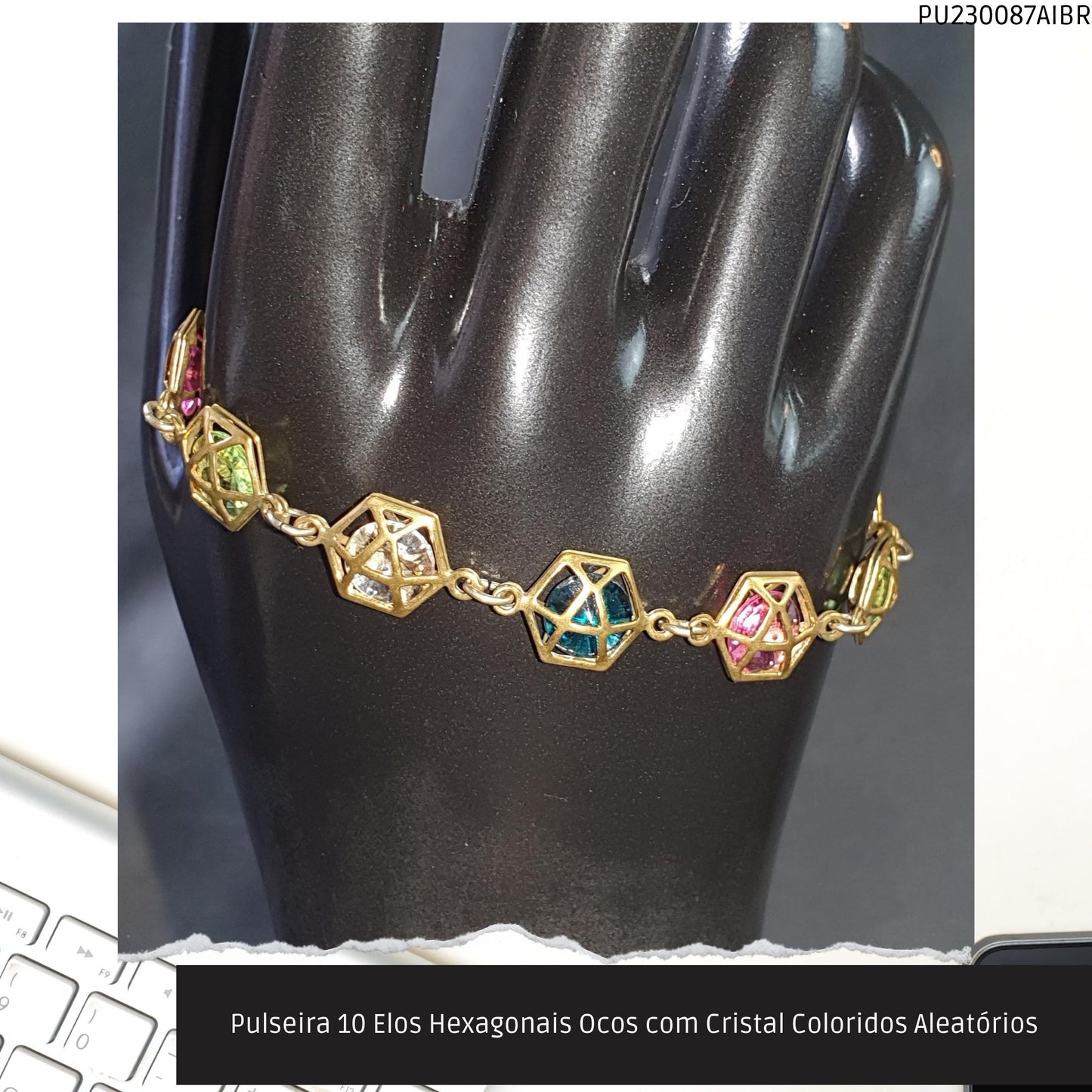Pulseira 10 Elos Hexagonais Ocos com Cristal Coloridos Aleatórios  - Código.: PU230087AIBR  - Peso.: 6.0 gr