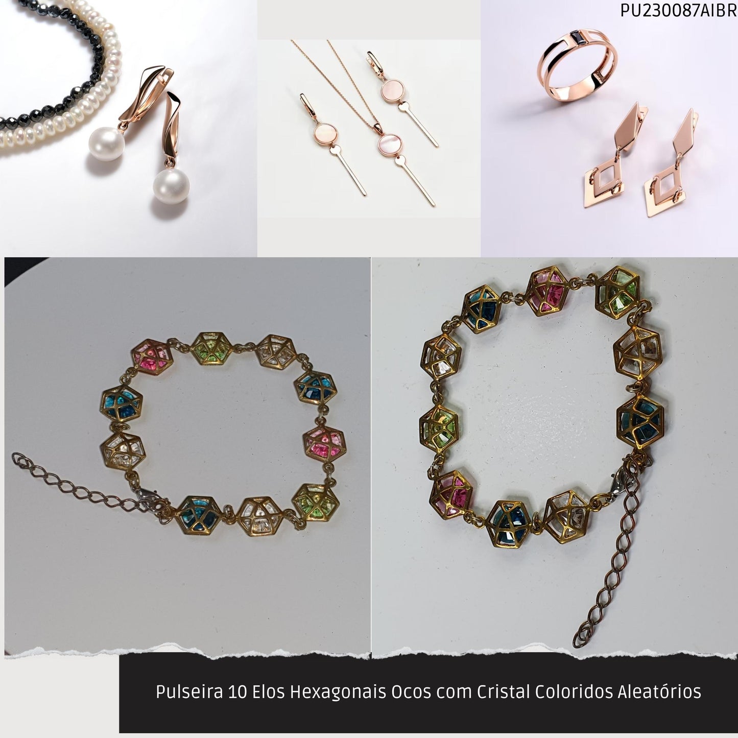 Pulseira 10 Elos Hexagonais Ocos com Cristal Coloridos Aleatórios  - Código.: PU230087AIBR  - Peso.: 6.0 gr