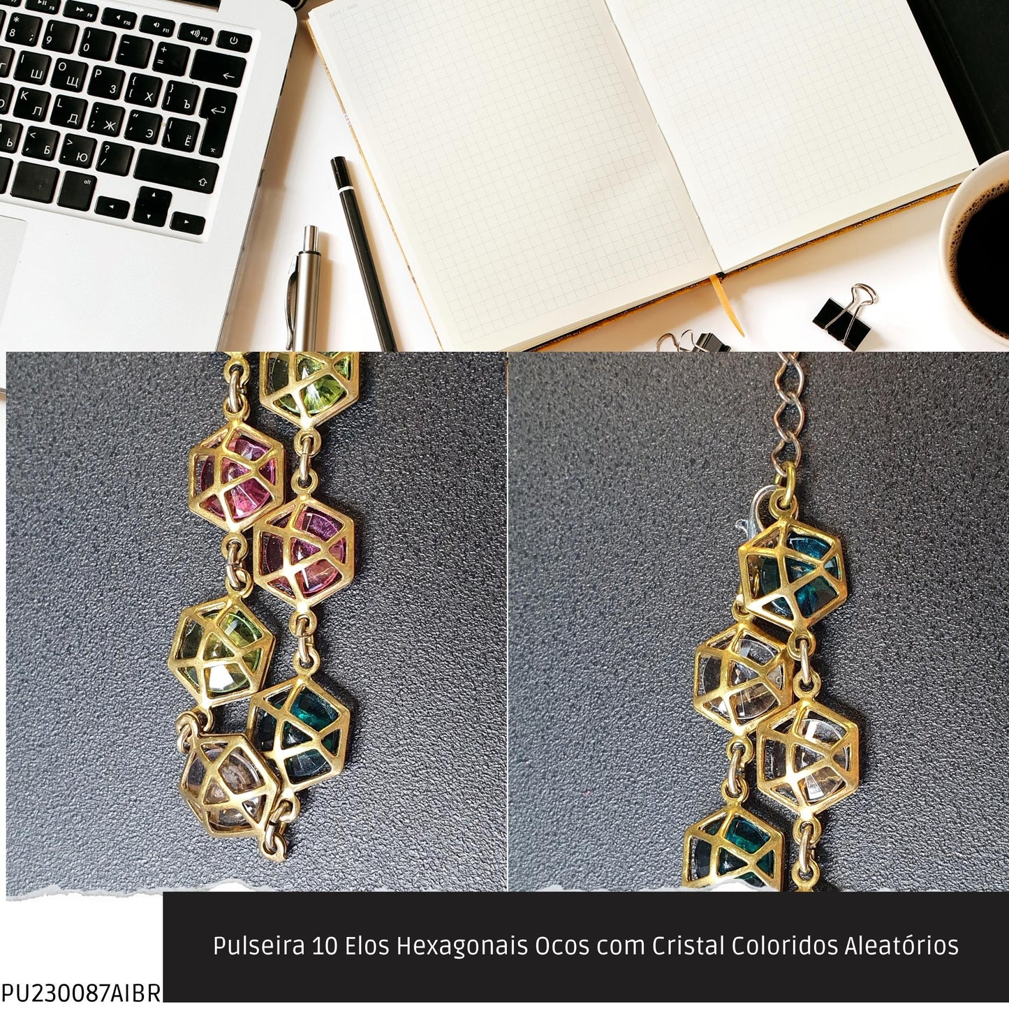 Pulseira 10 Elos Hexagonais Ocos com Cristal Coloridos Aleatórios  - Código.: PU230087AIBR  - Peso.: 6.0 gr