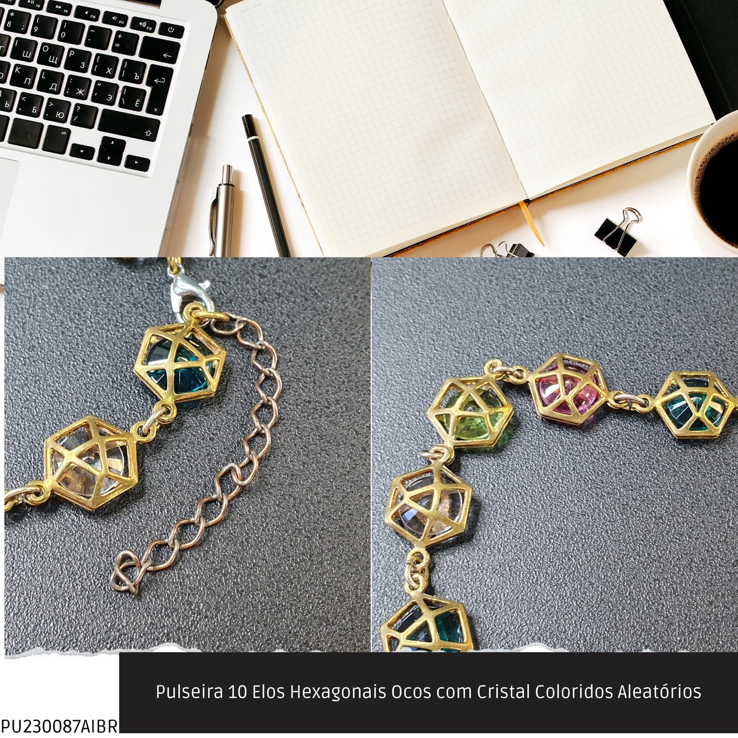 Pulseira 10 Elos Hexagonais Ocos com Cristal Coloridos Aleatórios  - Código.: PU230087AIBR  - Peso.: 6.0 gr