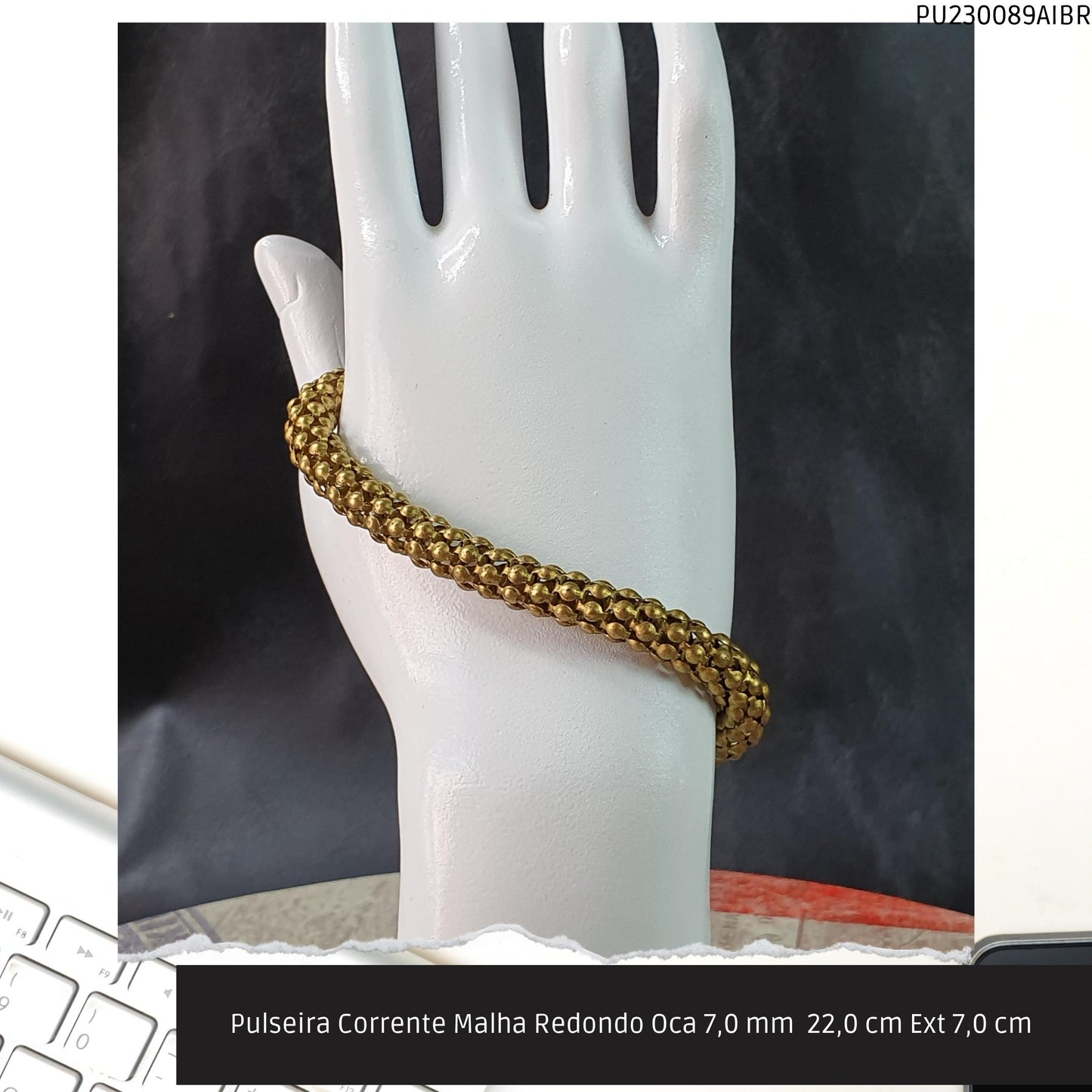 Pulseira Corrente Malha Redondo Oca 7.0 mm  22.0 cm Ext 7.0 cm   - Código.: PU230089AIBR  - Peso.: 14.1 gr