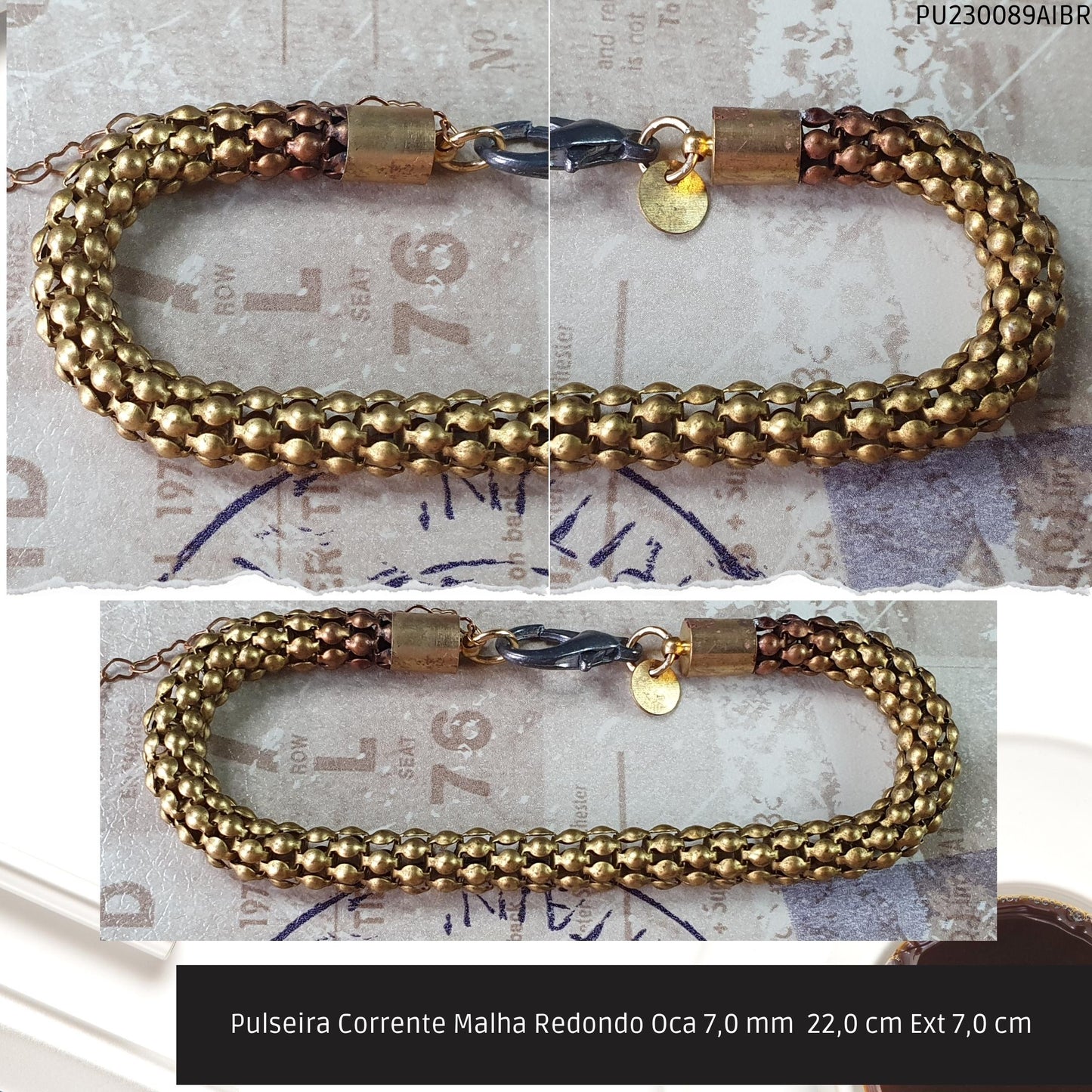 Pulseira Corrente Malha Redondo Oca 7.0 mm  22.0 cm Ext 7.0 cm   - Código.: PU230089AIBR  - Peso.: 14.1 gr
