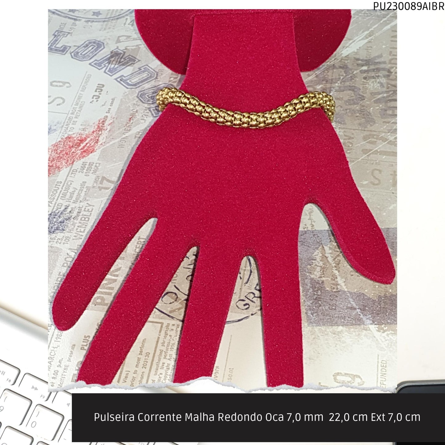 Pulseira Corrente Malha Redondo Oca 7.0 mm  22.0 cm Ext 7.0 cm   - Código.: PU230089AIBR  - Peso.: 14.1 gr