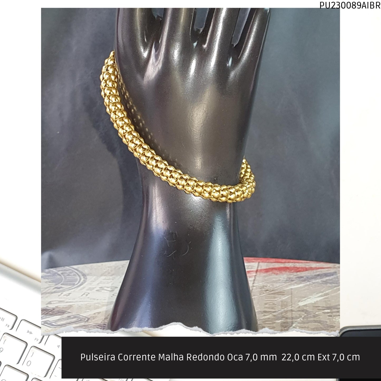 Pulseira Corrente Malha Redondo Oca 7.0 mm  22.0 cm Ext 7.0 cm   - Código.: PU230089AIBR  - Peso.: 14.1 gr
