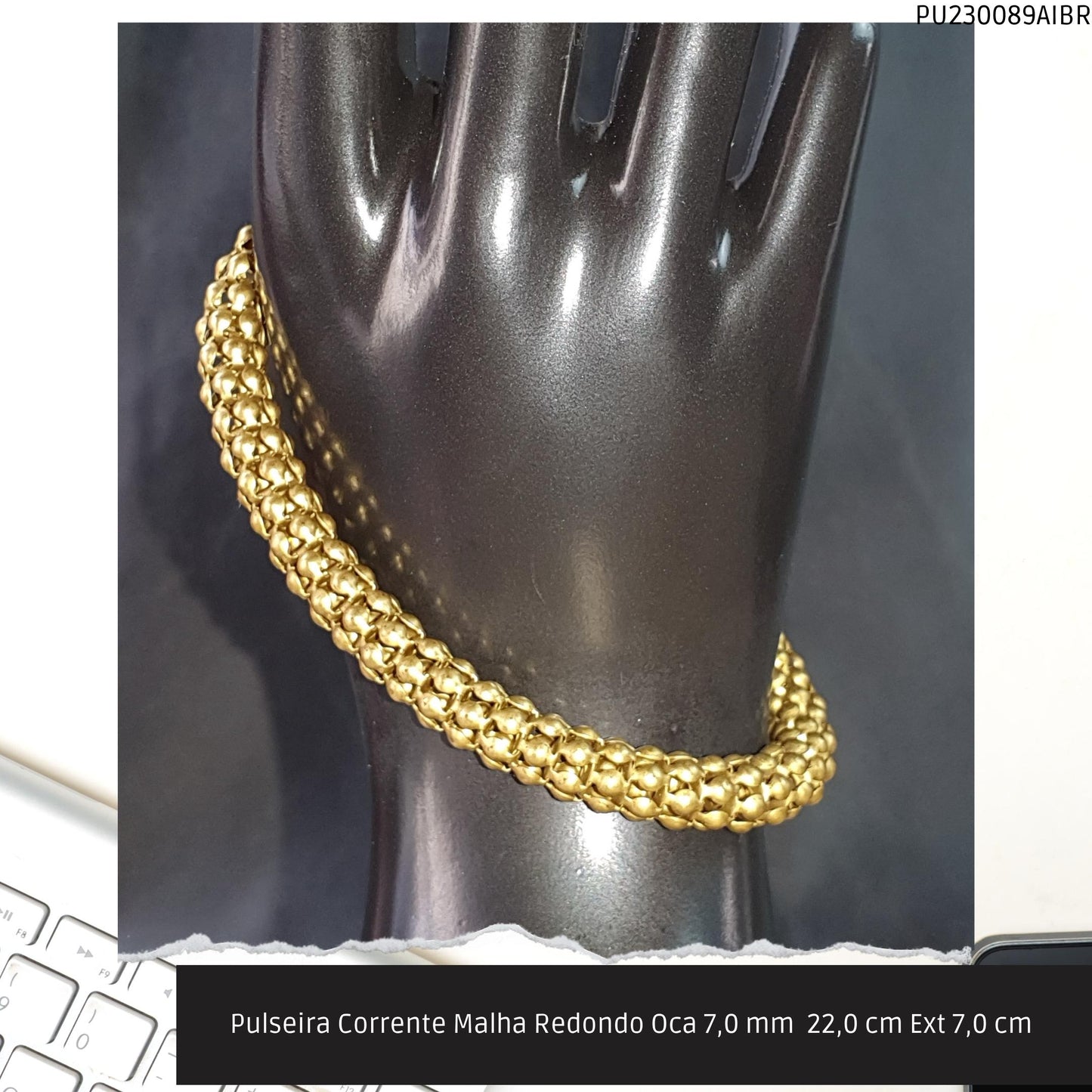 Pulseira Corrente Malha Redondo Oca 7.0 mm  22.0 cm Ext 7.0 cm   - Código.: PU230089AIBR  - Peso.: 14.1 gr