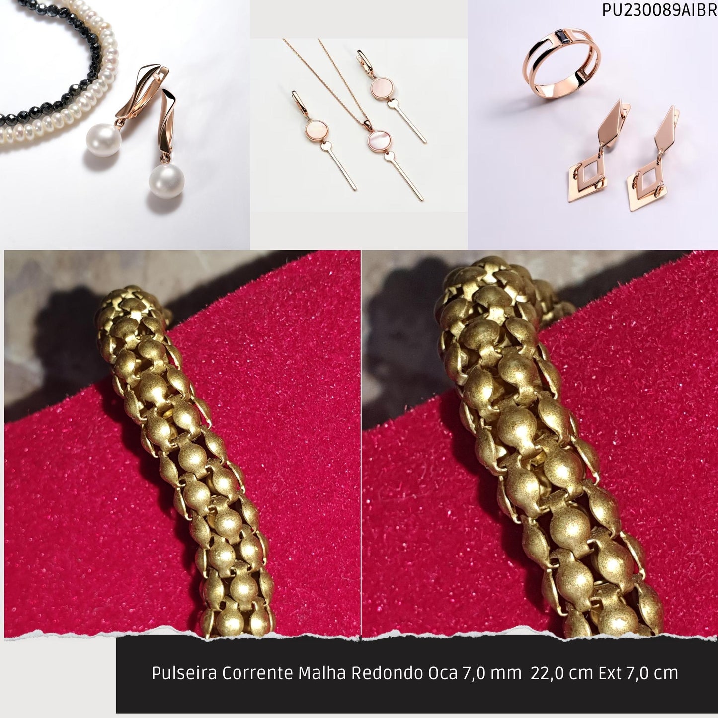 Pulseira Corrente Malha Redondo Oca 7.0 mm  22.0 cm Ext 7.0 cm   - Código.: PU230089AIBR  - Peso.: 14.1 gr