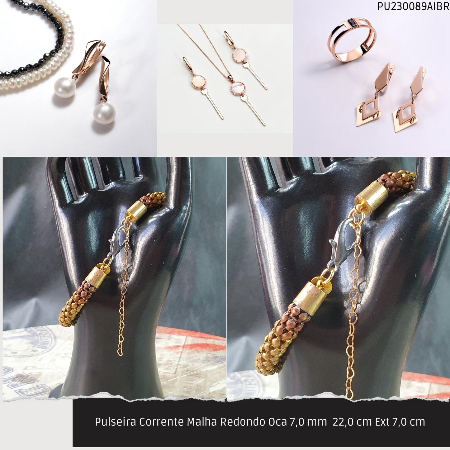 Pulseira Corrente Malha Redondo Oca 7.0 mm  22.0 cm Ext 7.0 cm   - Código.: PU230089AIBR  - Peso.: 14.1 gr