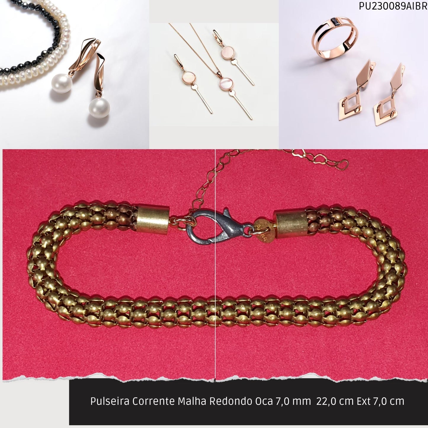 Pulseira Corrente Malha Redondo Oca 7.0 mm  22.0 cm Ext 7.0 cm   - Código.: PU230089AIBR  - Peso.: 14.1 gr