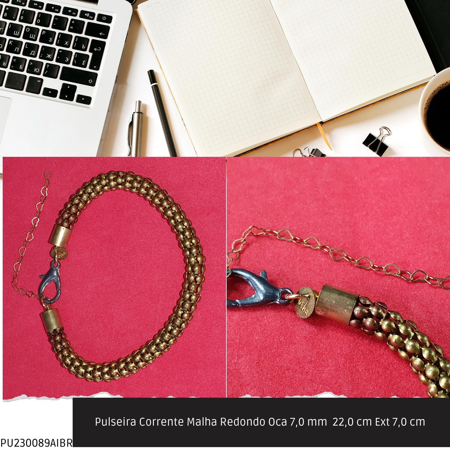 Pulseira Corrente Malha Redondo Oca 7.0 mm  22.0 cm Ext 7.0 cm   - Código.: PU230089AIBR  - Peso.: 14.1 gr