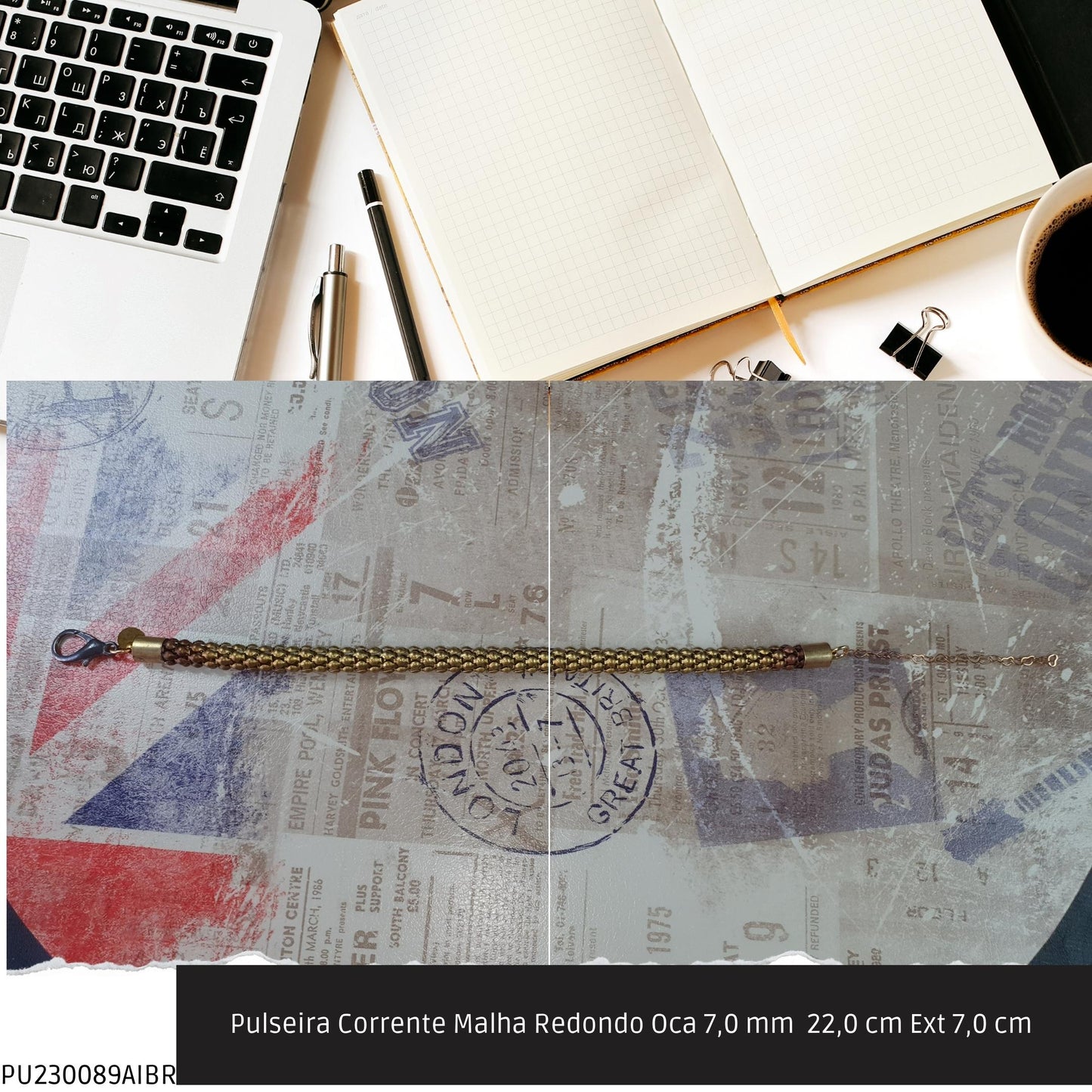 Pulseira Corrente Malha Redondo Oca 7.0 mm  22.0 cm Ext 7.0 cm   - Código.: PU230089AIBR  - Peso.: 14.1 gr