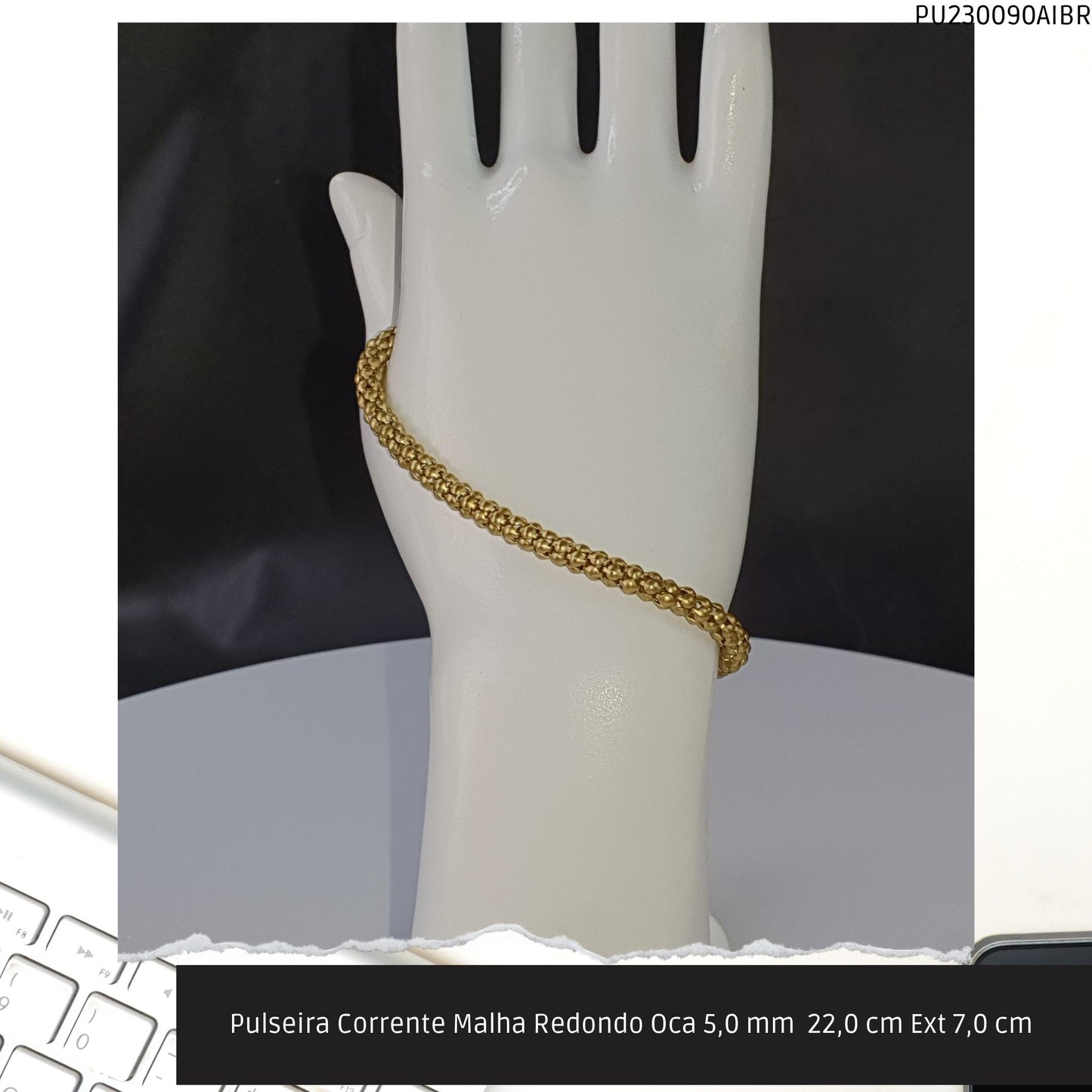 Pulseira Corrente Malha Redondo Oca 5.0 mm  22.0 cm Ext 7.0 cm   - Código.: PU230090AIBR  - Peso.: 7.4 gr