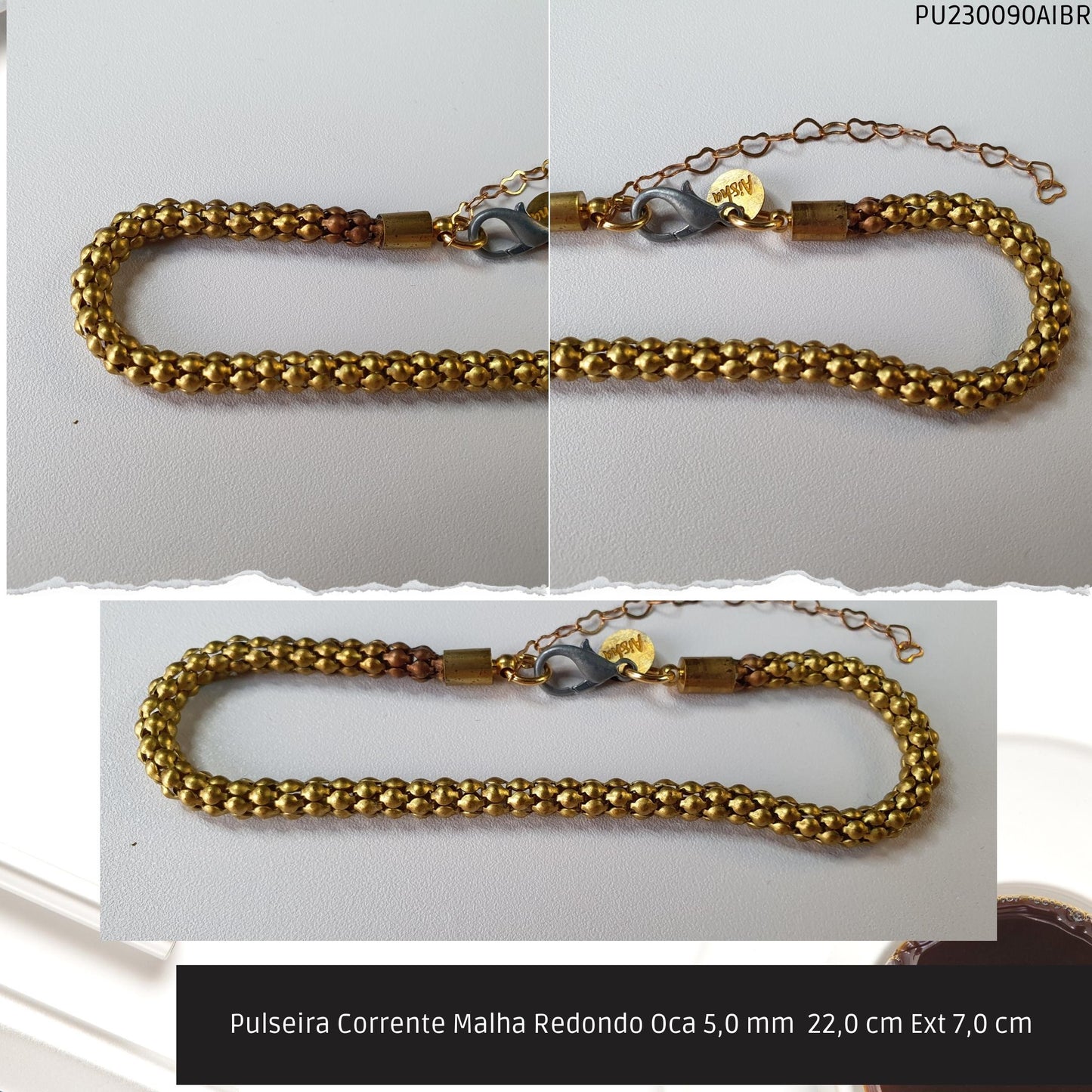 Pulseira Corrente Malha Redondo Oca 5.0 mm  22.0 cm Ext 7.0 cm   - Código.: PU230090AIBR  - Peso.: 7.4 gr