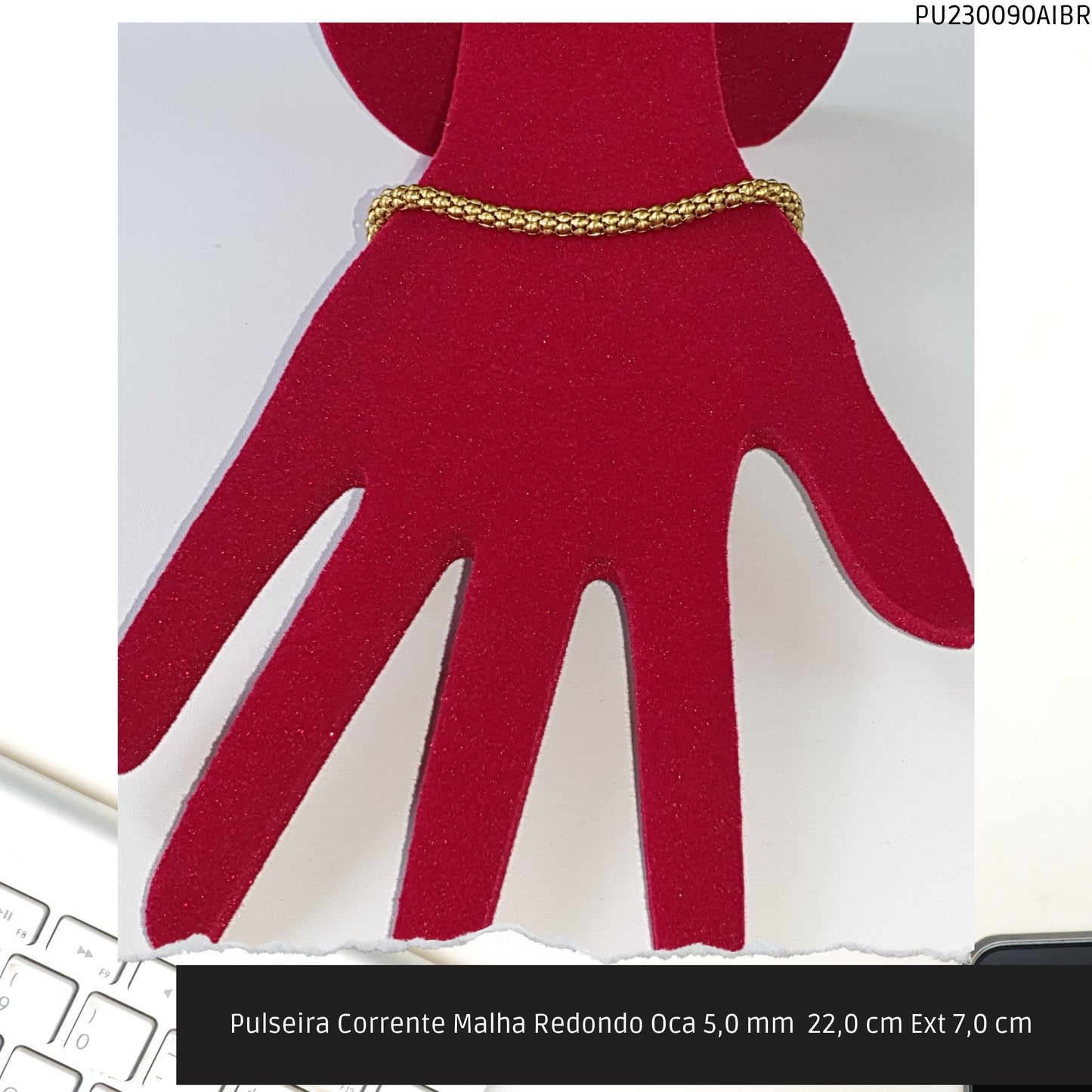 Pulseira Corrente Malha Redondo Oca 5.0 mm  22.0 cm Ext 7.0 cm   - Código.: PU230090AIBR  - Peso.: 7.4 gr
