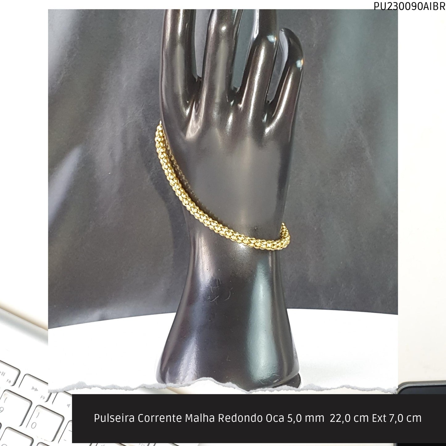 Pulseira Corrente Malha Redondo Oca 5.0 mm  22.0 cm Ext 7.0 cm   - Código.: PU230090AIBR  - Peso.: 7.4 gr