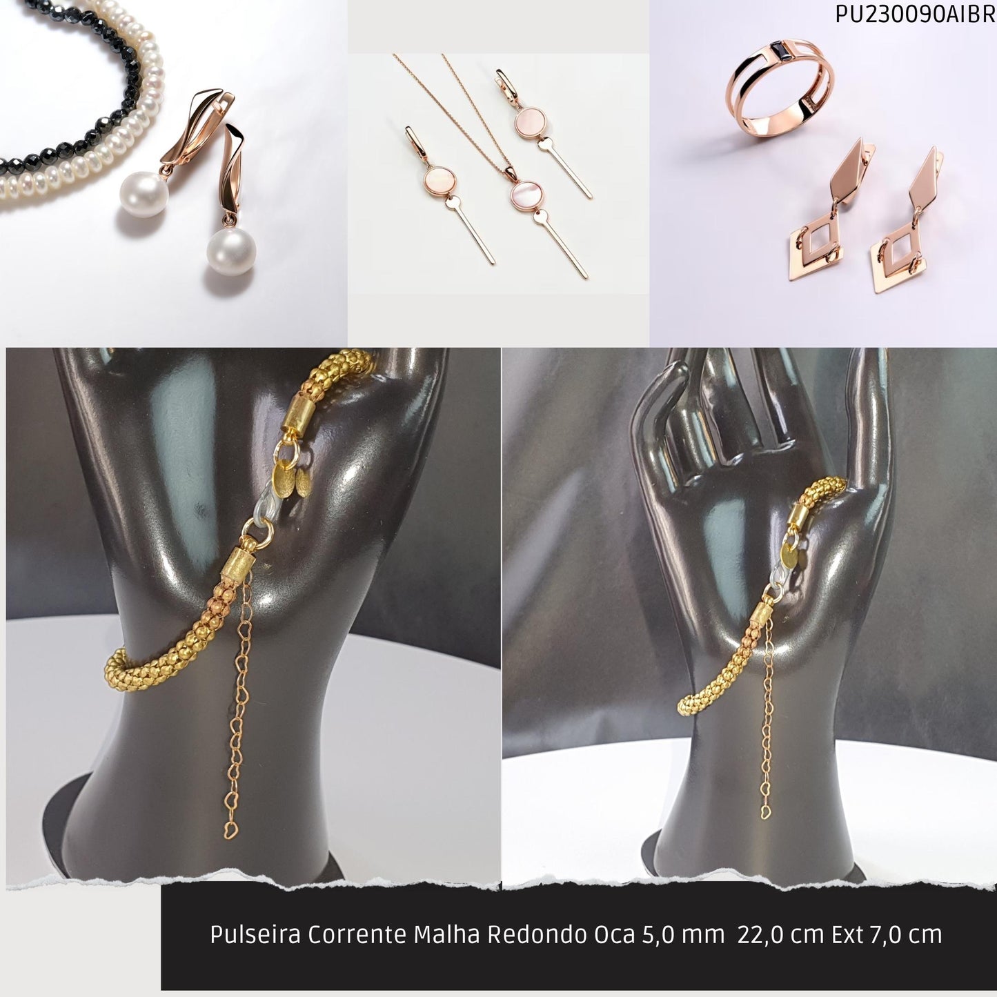 Pulseira Corrente Malha Redondo Oca 5.0 mm  22.0 cm Ext 7.0 cm   - Código.: PU230090AIBR  - Peso.: 7.4 gr