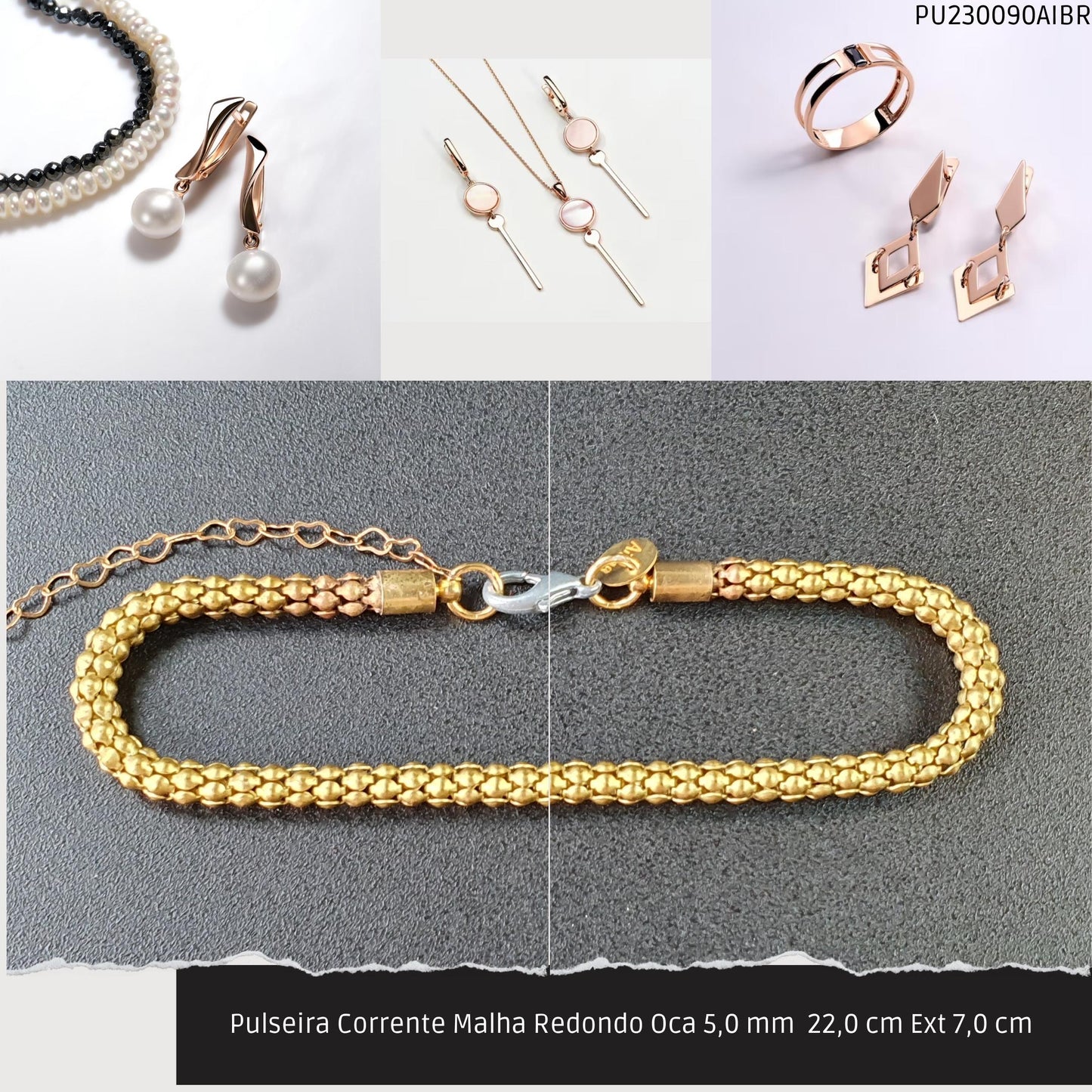 Pulseira Corrente Malha Redondo Oca 5.0 mm  22.0 cm Ext 7.0 cm   - Código.: PU230090AIBR  - Peso.: 7.4 gr