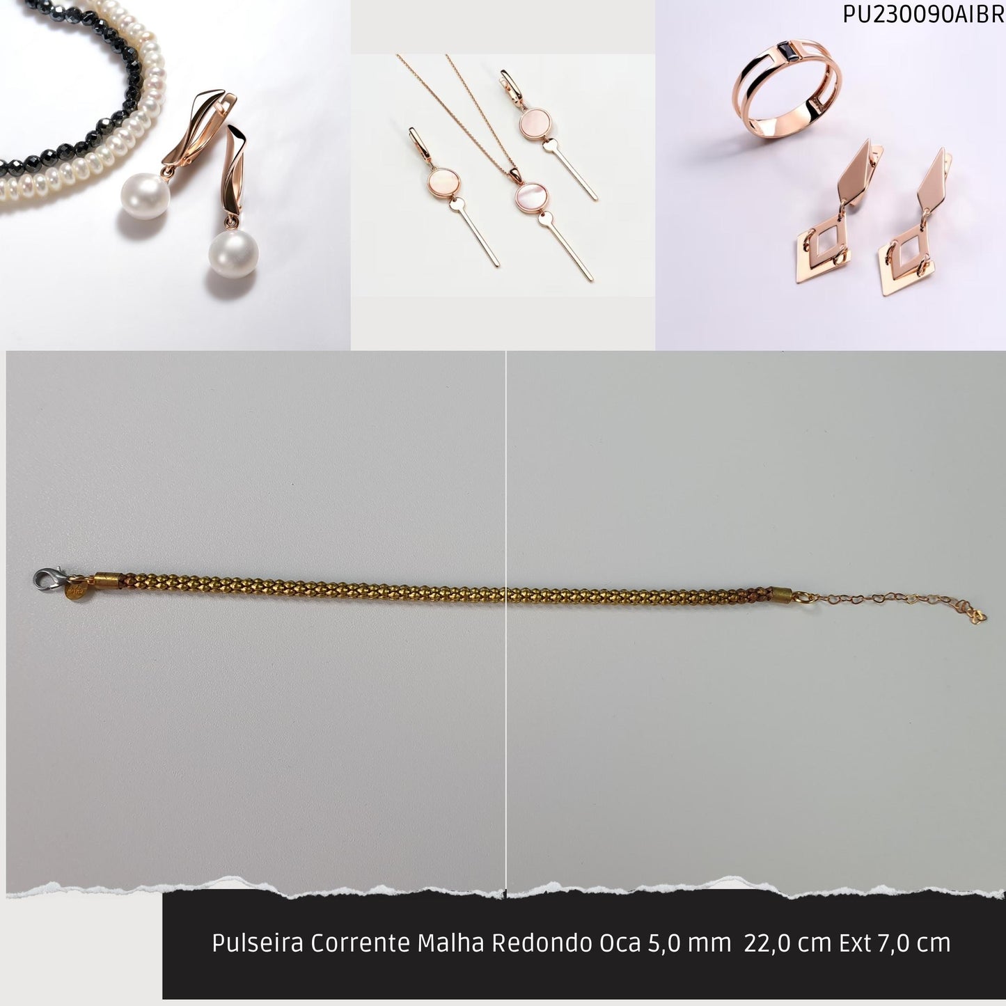 Pulseira Corrente Malha Redondo Oca 5.0 mm  22.0 cm Ext 7.0 cm   - Código.: PU230090AIBR  - Peso.: 7.4 gr