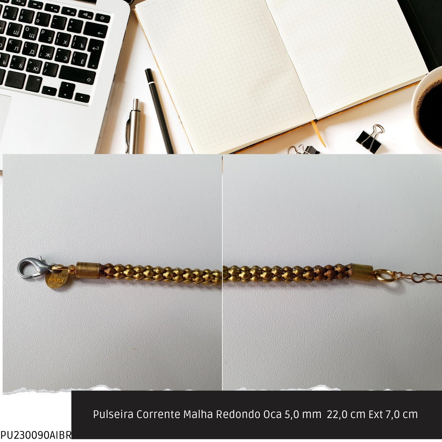 Pulseira Corrente Malha Redondo Oca 5.0 mm  22.0 cm Ext 7.0 cm   - Código.: PU230090AIBR  - Peso.: 7.4 gr