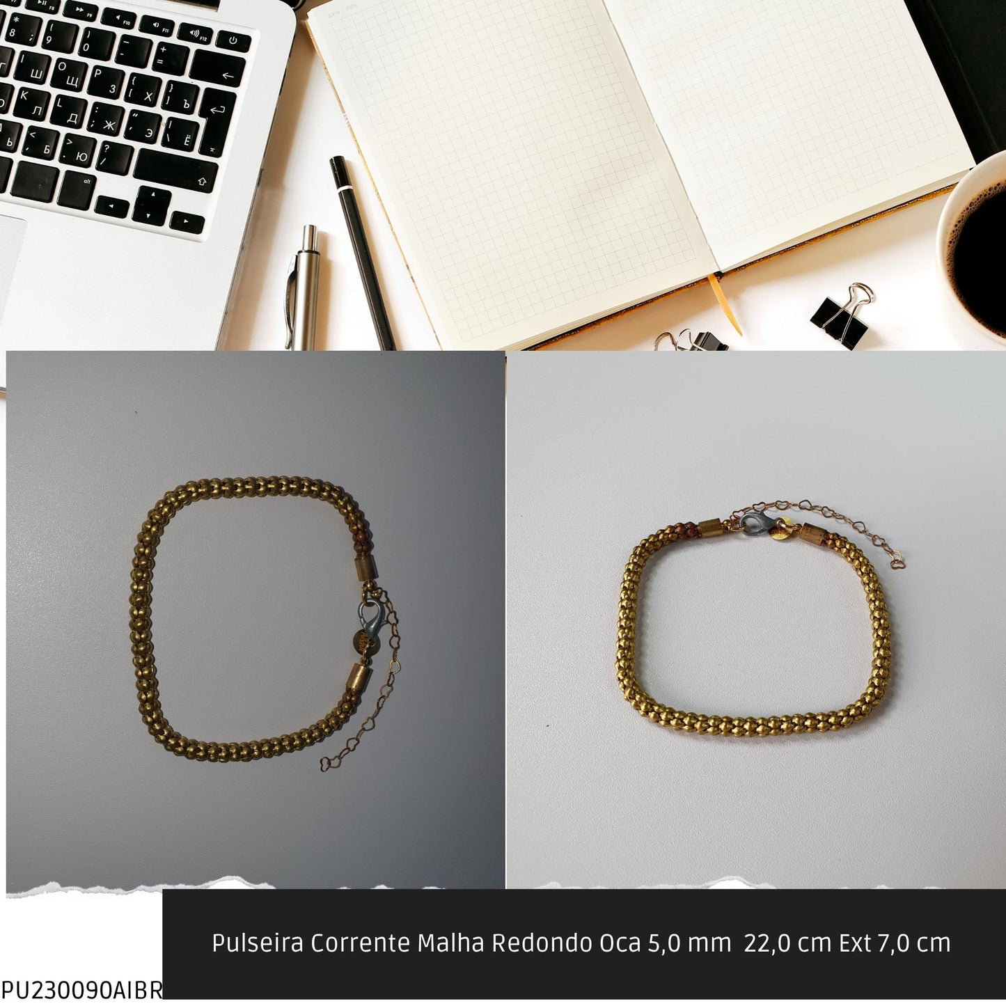 Pulseira Corrente Malha Redondo Oca 5.0 mm  22.0 cm Ext 7.0 cm   - Código.: PU230090AIBR  - Peso.: 7.4 gr