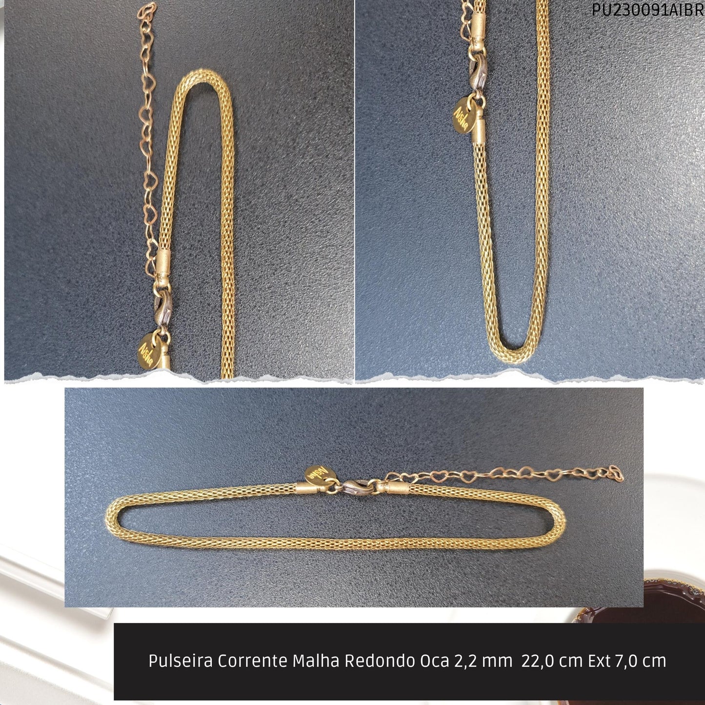 Pulseira Corrente Malha Redondo Oca 2.2 mm  22.0 cm Ext 7.0 cm   - Código.: PU230091AIBR  - Peso.: 3.4 gr