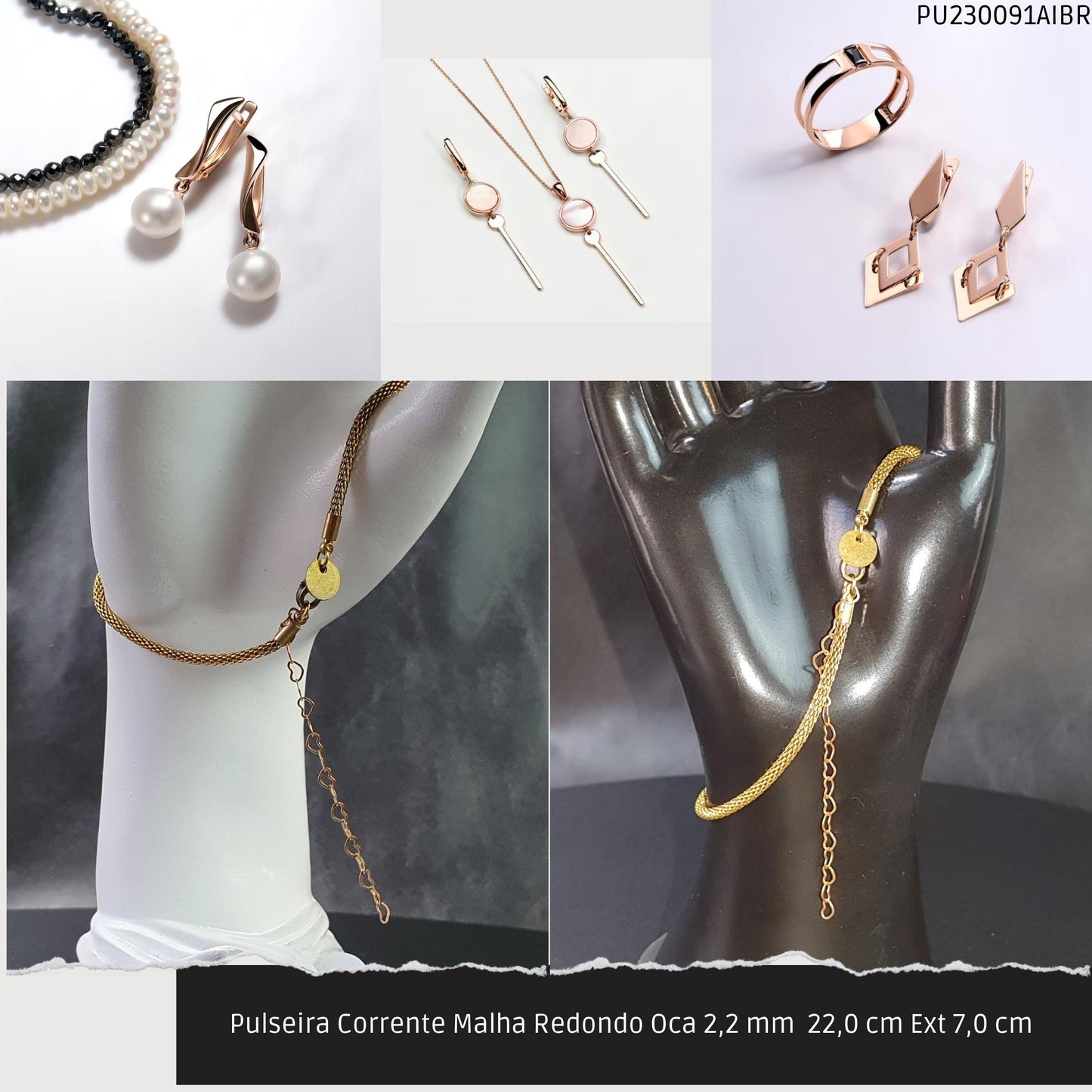 Pulseira Corrente Malha Redondo Oca 2.2 mm  22.0 cm Ext 7.0 cm   - Código.: PU230091AIBR  - Peso.: 3.4 gr