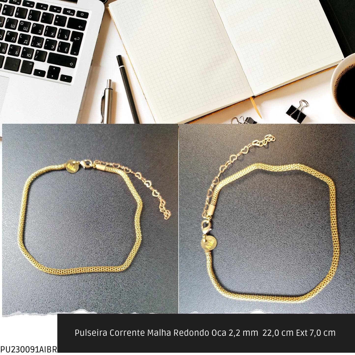 Pulseira Corrente Malha Redondo Oca 2.2 mm  22.0 cm Ext 7.0 cm   - Código.: PU230091AIBR  - Peso.: 3.4 gr