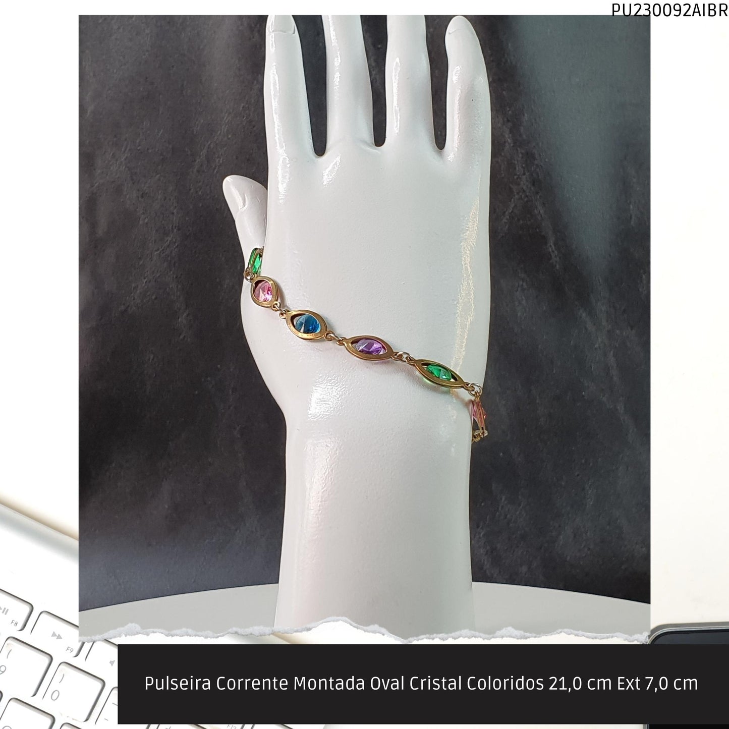Pulseira Corrente Montada Oval Cristal Coloridos 21.0 cm Ext 7.0 cm   - Código.: PU230092AIBR  - Peso.: 5.8 gr