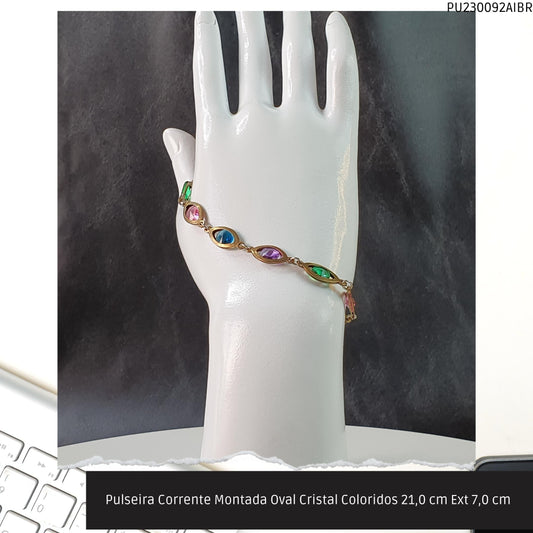 Pulseira Corrente Montada Oval Cristal Coloridos 21.0 cm Ext 7.0 cm   - Código.: PU230092AIBR  - Peso.: 5.8 gr