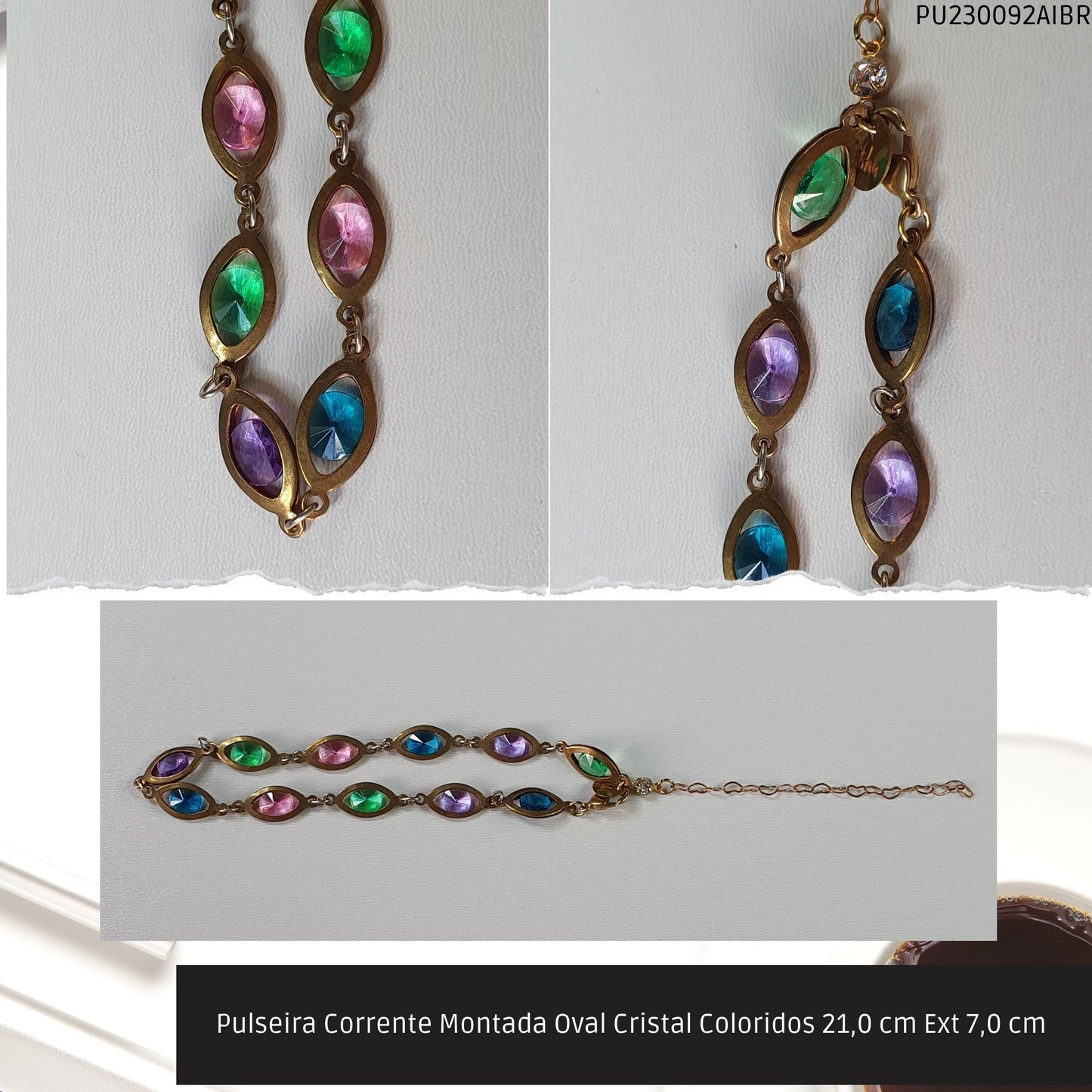 Pulseira Corrente Montada Oval Cristal Coloridos 21.0 cm Ext 7.0 cm   - Código.: PU230092AIBR  - Peso.: 5.8 gr