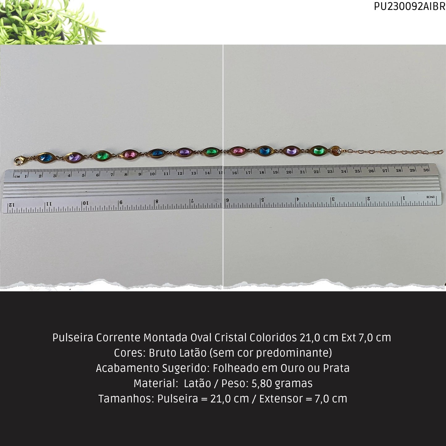 Pulseira Corrente Montada Oval Cristal Coloridos 21.0 cm Ext 7.0 cm   - Código.: PU230092AIBR  - Peso.: 5.8 gr