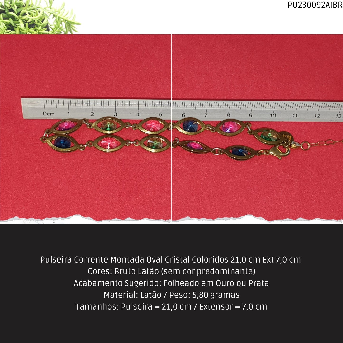 Pulseira Corrente Montada Oval Cristal Coloridos 21.0 cm Ext 7.0 cm   - Código.: PU230092AIBR  - Peso.: 5.8 gr