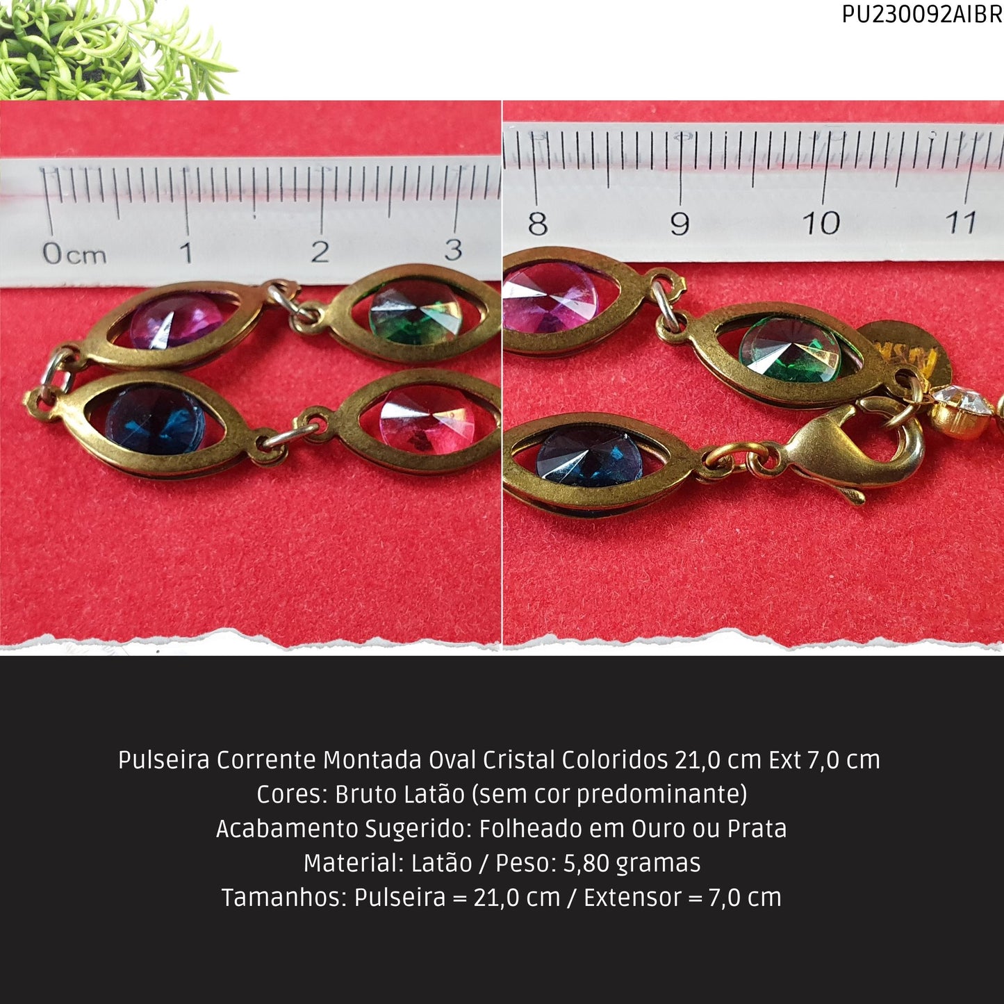 Pulseira Corrente Montada Oval Cristal Coloridos 21.0 cm Ext 7.0 cm   - Código.: PU230092AIBR  - Peso.: 5.8 gr